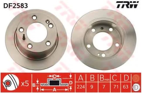 Тормозной диск задний Citroen XM TRW DF 2583, D=224 мм