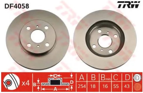 Тормозной диск передний Toyota Paseo, Raum, Starlet TRW DF 4058, D=254 мм