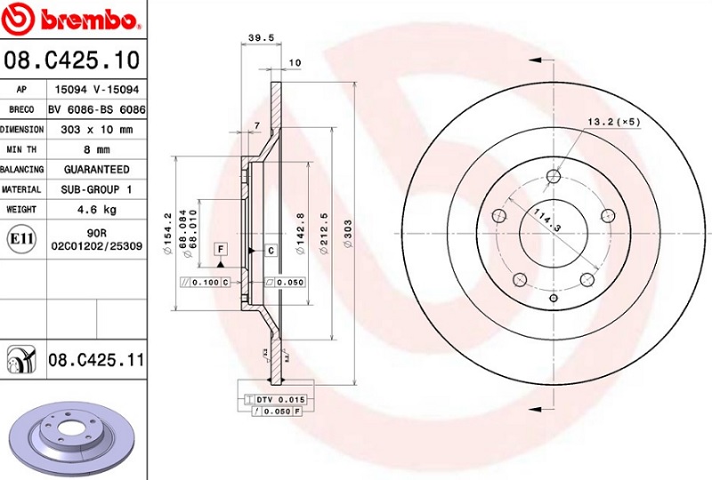 Диск тормозной задний Mazda CX-5 Brembo 08.C425.11, D=303 мм