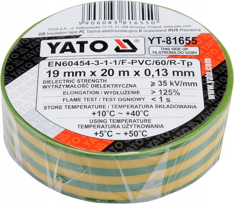 Изолента YATO YT81655 (19 мм х 20 м, желто-зеленая)