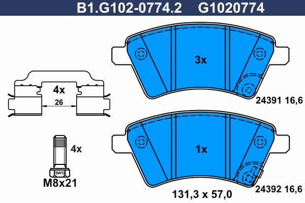 Колодки тормозные передние FIAT Sedici, SUZUKI SX4 Galfer B1.G102-0774.2