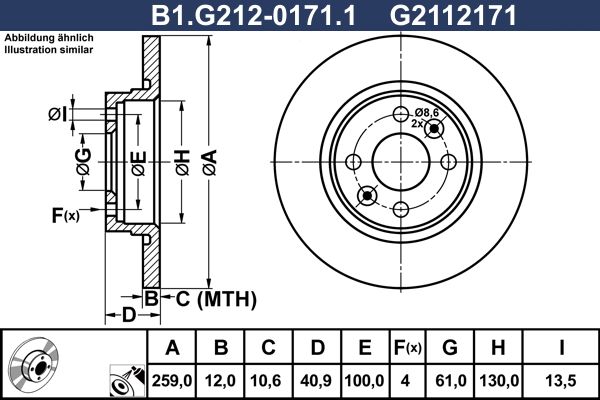 Диск тормозной передний RENAULT Logan, SMART Forfour Galfer B1.G212-0171.1, D=259 мм