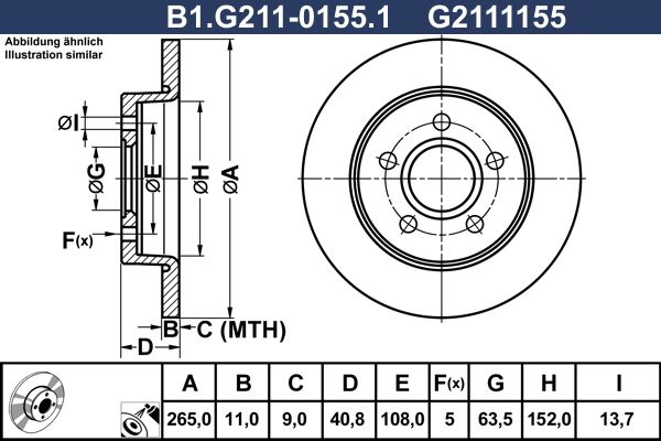Диск тормозной задний FORD C-Max, Focus Galfer B1.G211-0155.1, D=265 мм