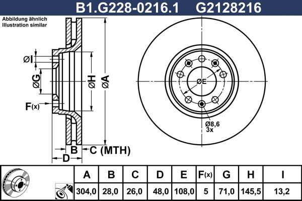 Диск тормозной передний CITROEN, FIAT, PEUGEOT, TOYOTA Galfer B1.G228-0216.1, D=304 мм