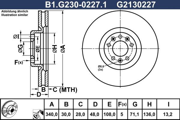 Диск тормозной передний CITROEN C5, PEUGEOT 407, 508 Galfer B1.G230-0227.1, D=340 мм