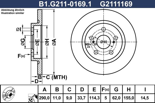 Диск тормозной задний TOYOTA Avensis Galfer B1.G211-0169.1, D=290 мм