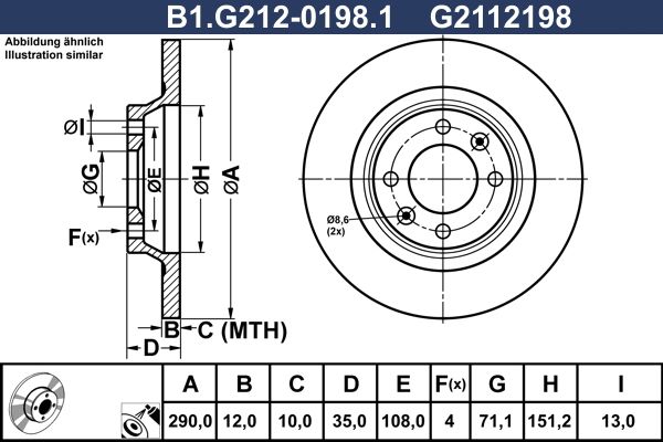 Диск тормозной задний CITROEN, PEUGEOT Galfer B1.G212-0198.1, D=290 мм
