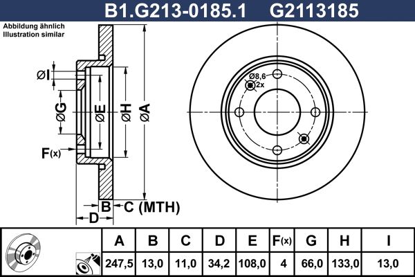 Диск тормозной передний CITROEN XSARA, PEUGEOT 206, 306 Galfer B1.G213-0185.1, D=247.5 мм
