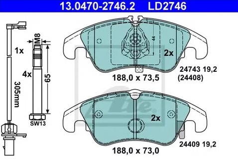 Колодки тормозные дисковые передние AUDI A4, A5 Ate 13.0470-2746.2 