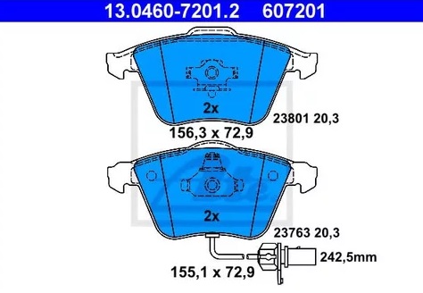 Колодки тормозные дисковые передние AUDI A4, A6 Ate 13.0460-7201.2 