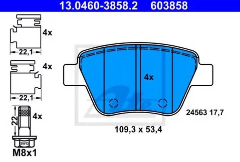 Колодки тормозные дисковые задние AUDI, SEAT, SKODA, VOLKSWAGEN Ate 13.0460-3858.2