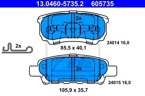 Колодки тормозные дисковые задние CHRYSLER Sebring, MITSUBISHI Lancer, JEEP Compass Ate 13.0460-5735.2