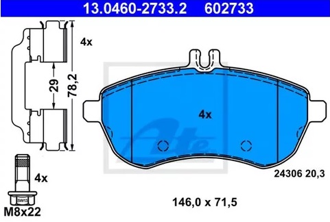 Колодки тормозные дисковые передние MERCEDES C Ate 13.0460-2733.2