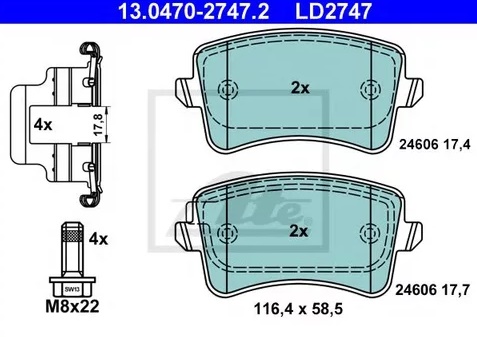 Колодки тормозные дисковые задние AUDI A4, A5 Ate 13.0470-2747.2 