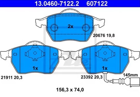 Колодки тормозные дисковые передние AUDI, SEAT, SKODA, VOLKSWAGEN Ate 13.0460-7122.2