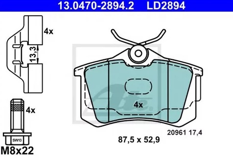 Колодки тормозные дисковые задние Audi A3, VW Golf Ate 13.0470-2894.2