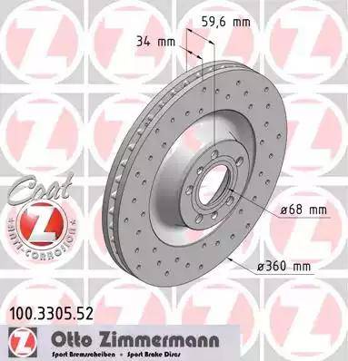 Диск тормозной передний AUDI A8, VW PHAETON Otto Zimmermann 100.3305.52, D=360 мм