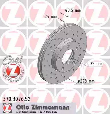 Диск тормозной передний MAZDA 3 Otto Zimmermann 370.3076.52, D=278 мм