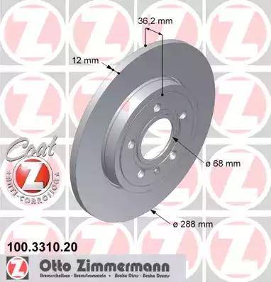 Диск тормозной задний AUDI A4 Otto Zimmermann 100.3310.20, D=288 мм