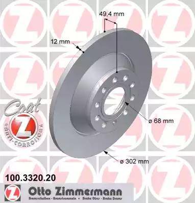 Диск тормозной задний AUDI A6 Otto Zimmermann 100.3320.20, D=302 мм