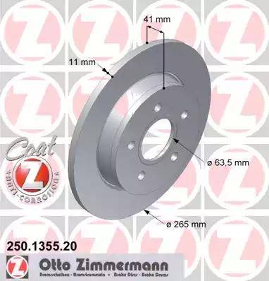 Диск тормозной задний FORD FOCUS, C-MAX Otto Zimmermann 250.1355.20, D=265 мм