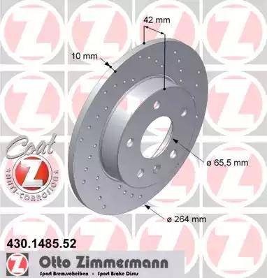 Диск тормозной задний OPEL ASTRA, MERIVA, ZAFIRA Otto Zimmermann 430.1485.52, D=264 мм