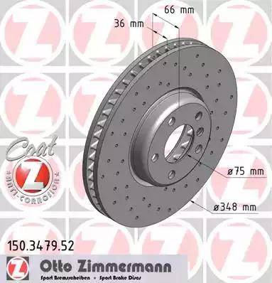Диск тормозной передний BMW 5, 6 Otto Zimmermann 150.3479.52, D=348 мм