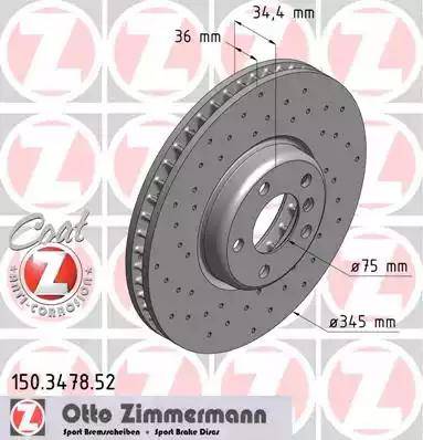 Диск тормозной передний BMW 5, 6 Otto Zimmermann 150.3478.52, D=348 мм
