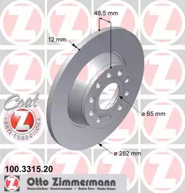 Диск тормозной AUDI A3 Otto Zimmermann 100.3315.20, D=282 мм