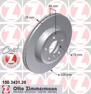 Диск тормозной передний BMW X3 Otto Zimmermann 150.3431.20, D=325 мм