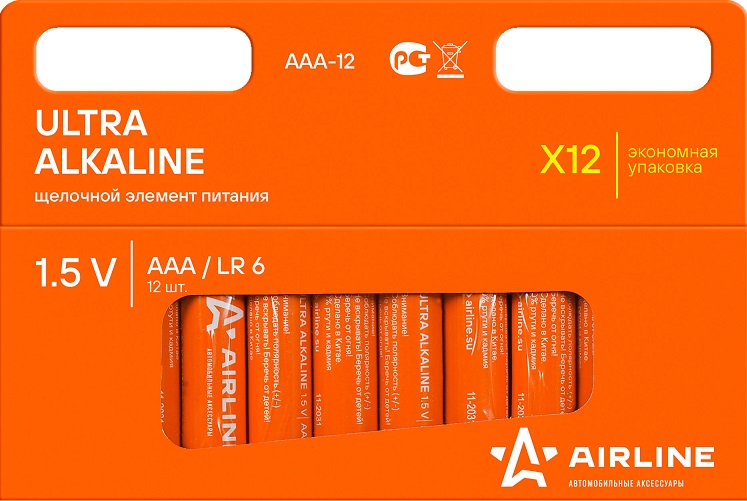Батарейка алкалиновая AIRLINE AAA-12, AAA, 1.5 V, 12 шт