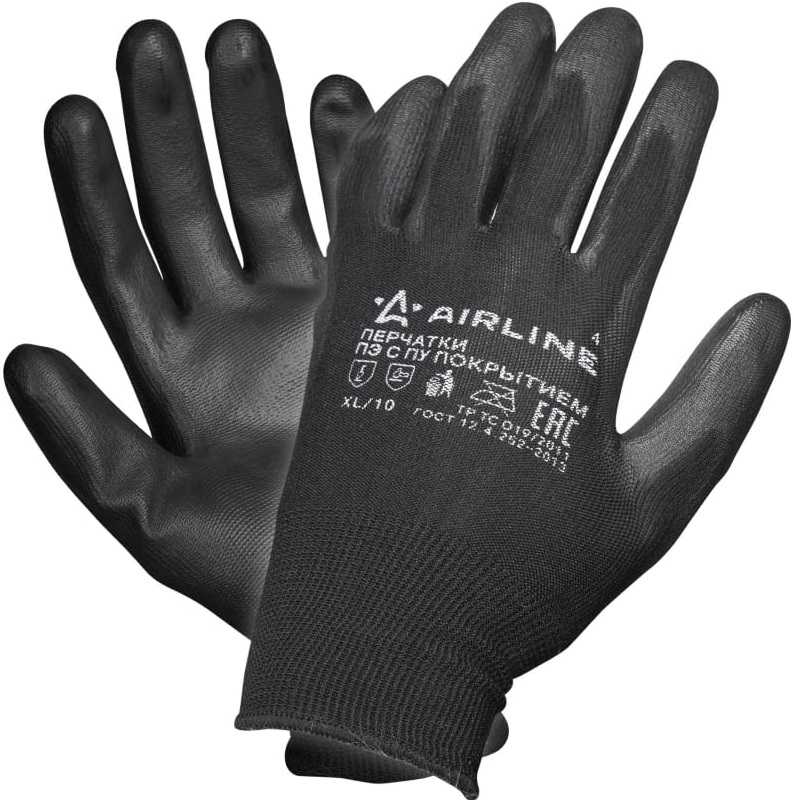 Перчатки полиэфирные AIRLINE ADWG003, с цельным ПУ покрытием ладони, XL