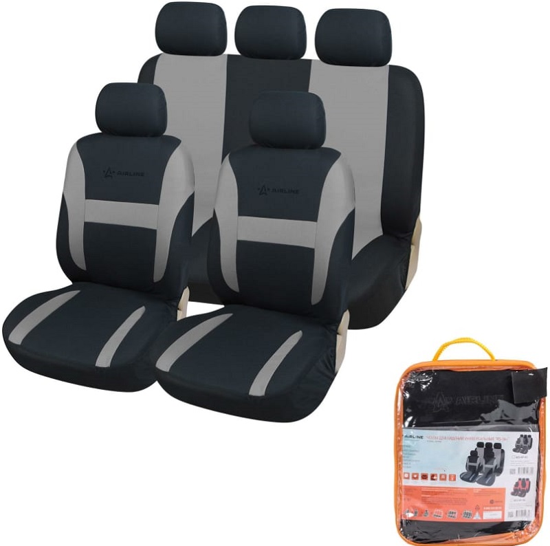 Чехлы для сидений Airline ACS-VP-02, RS-3k+, универсальные, передние/задние, велюр, черный/серый