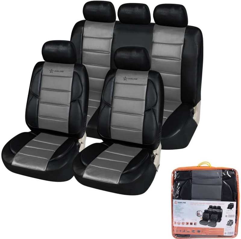Чехлы для сидений AIRLINE ACS-UEL-09, PREMIER, универсальные, искусственная кожа, черный/серый