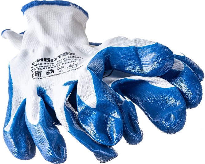 Перчатки полиэфирные с синим нитрильным покрытием СИБРТЕХ 67862, маслобензостойкие, L