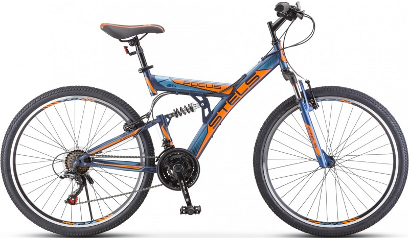 Велосипед STELS LU083837, Focus V 26 18-sp V030, размер рамы 18, темно-синий-оранжевый