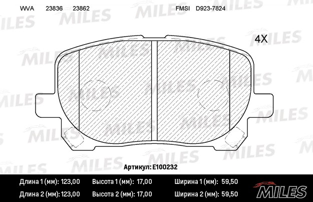 Колодки тормозные, дисковые TOYOTA AVENSIS VERSO Miles E100232