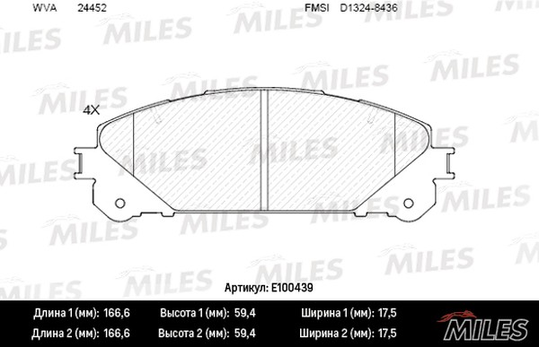 Колодки тормозные, дисковые LEXUS RX Miles E100439