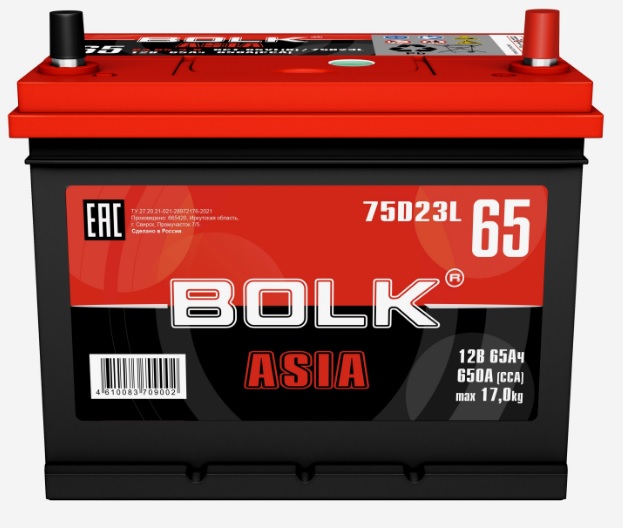 Аккумулятор BOLK BA753R ASIA 75 А/ч обратный R+ 260x175x225 D26 EN 710 А