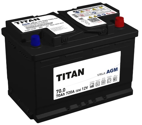 Аккумулятор TITAN 4610082702110 AGM Stop&Go 70 А/ч Обратная R+ 278x175x190 EN720 A