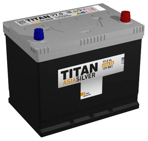 Аккумулятор TITAN 4607008887389 ASIASILVER 77 А/ч Обратная R+ 258х175х221 EN650 A