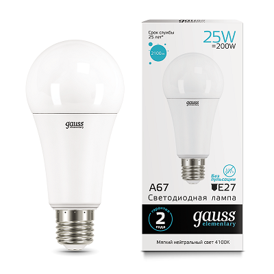 GAUSS 73225 Светодиодная лампа LED Elementary A67 25W E27 2100lm 4100K 1/10/50 0
