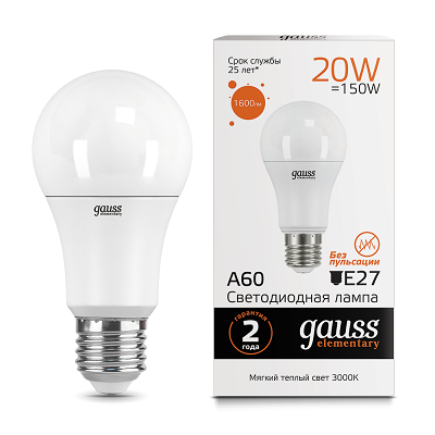 Светодиодная лампа GAUSS 23219 LED Elementary A60 20W E27 1520lm 3000K 1/10/40