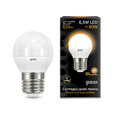 Светодиодная лампа GAUSS 105102107 LED Шар E27 6.5W 520lm 3000K 1/10/50