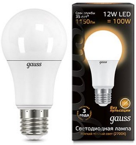 Светодиодная лампа GAUSS 102502112 LED A60 шар 12W E27 1150lm 3000K 1/10/50