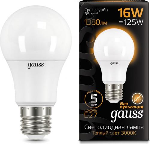 Светодиодная лампа GAUSS 102502116 LED A60 16W E27 1380lm 3000K 1/10/50