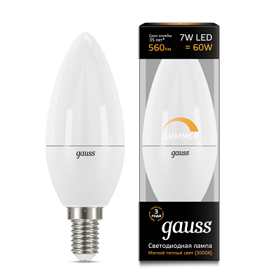 Светодиодная лампа GAUSS 103101107-D LED Свеча-dim E14 7W 560lm 3000К диммируемая 1/10/100