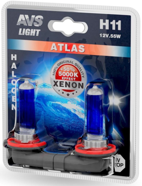Лампа галогенная AVS ATLAS 5000К, H11, 12V, 55W блистер, 2 штуки