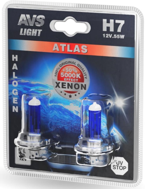 Лампа галогенная AVS ATLAS 5000К, H7, 12V, 55W, блистер, 2 штуки