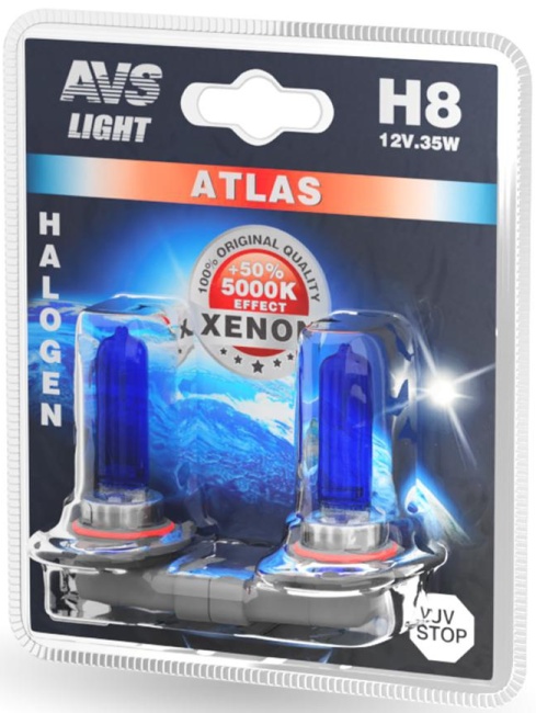 Лампа галогенная AVS ATLAS 5000К, H8, 12V, 35W, блистер, 2 штуки